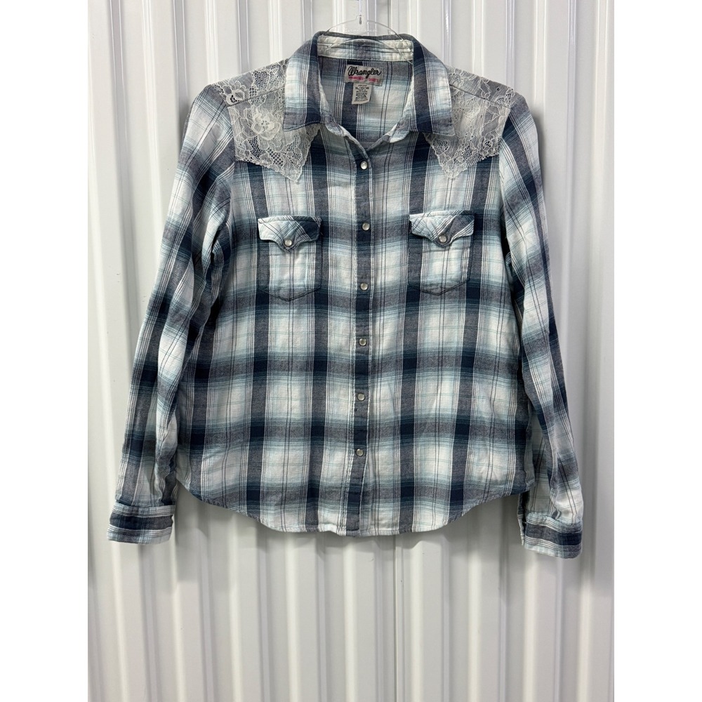 Wrangler Plaid Western Shirt Women XL Blue Excellent Lace Yoke Snap LWR3809